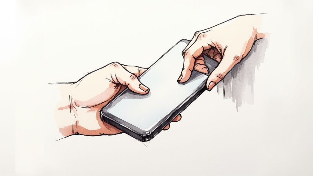 Două mâini interacționând cu un smartphone. O mână ține telefonul, iar cealaltă atinge ecranul.