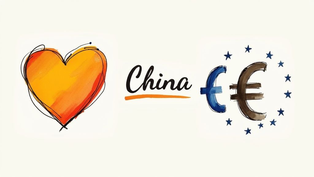 O inimă portocalie, textul 'China' și simboluri euro înconjurate de stele, reprezentând relațiile comerciale.