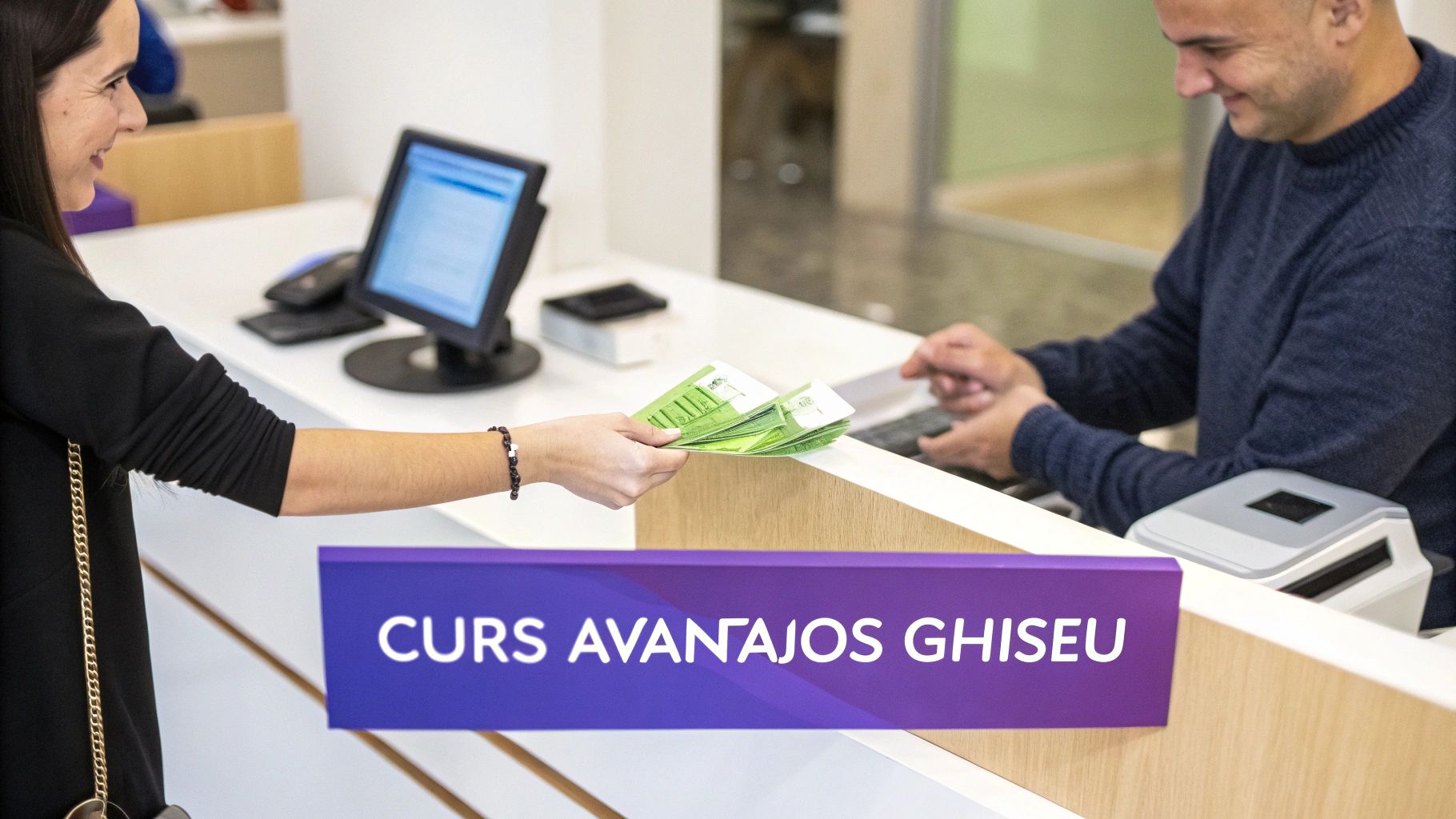 O persoană primește bani la un ghișeu al Băncii Transilvania, simbolizând o tranzacție valutară reușită