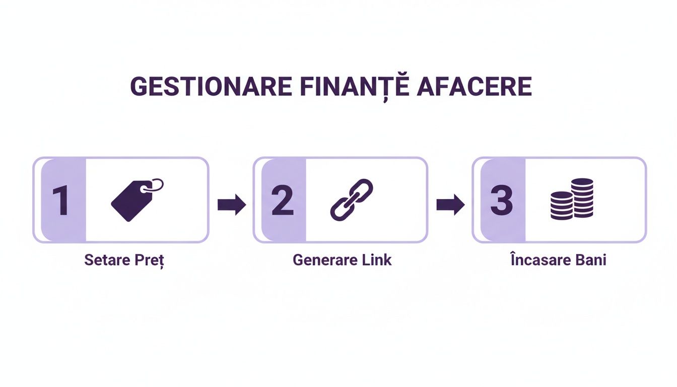 O diagramă care arată procesul de gestionare a finanțelor afacerii, cu pașii: setare preț, generare link și încasare bani.