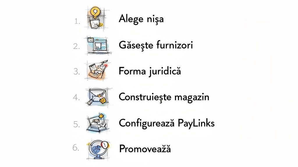 6 pași esențiali pentru a începe un magazin online de dropshipping: alegerea nișei, furnizori, forma juridică, construcția magazinului și promovarea.
