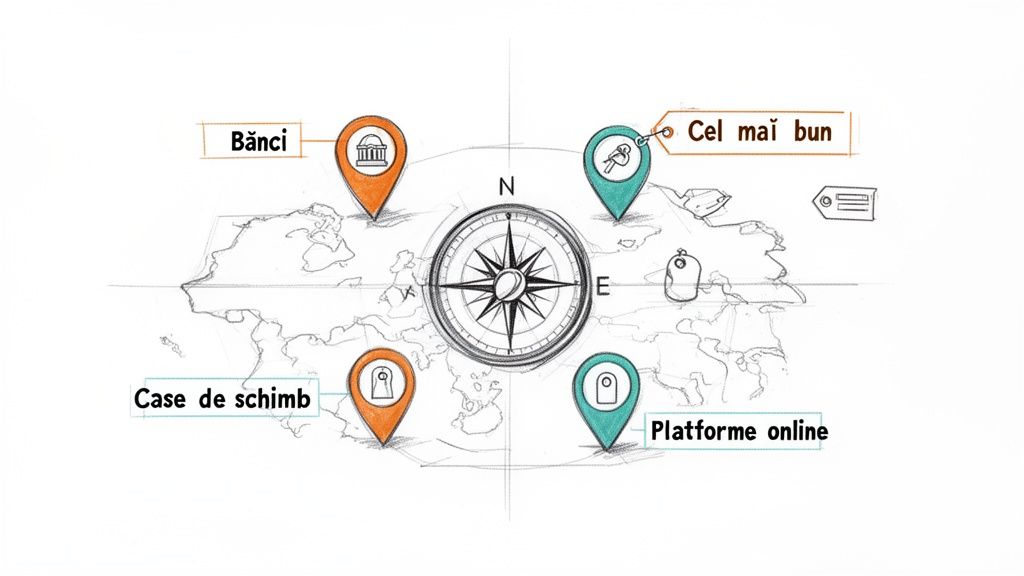 Harta cu busolă și pini indicând Bănci, Case de schimb și Platforme online, evidențiind Cel mai bun.