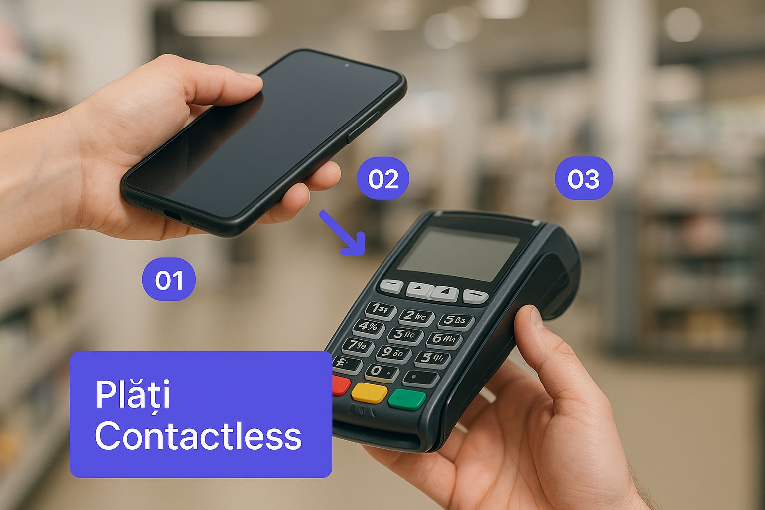 O mână ținând un smartphone pentru o plată contactless la un terminal POS, simbolizând ușurința tranzacțiilor digitale.