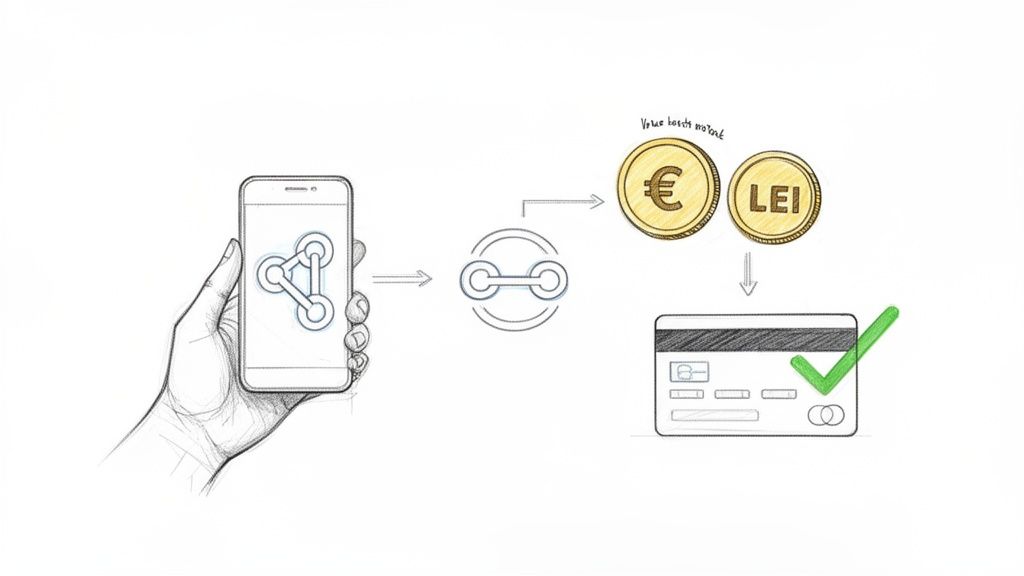 O mână ține un smartphone, indicând un proces de conversie valutară de la Euro și Lei la un card bancar.