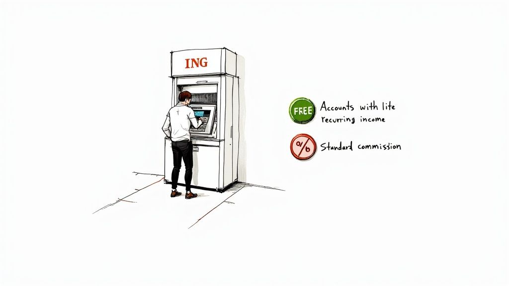 Un bancomat ING cu o persoană care introduce un card bancar în fanta acestuia.