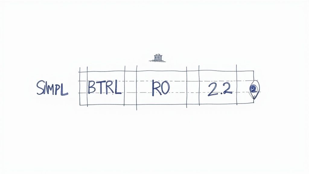 Diagramă desenată manual cu segmentele unui cod Swift: SIMPL, BTRL, RO, 2.2, cu un icon de bancă.