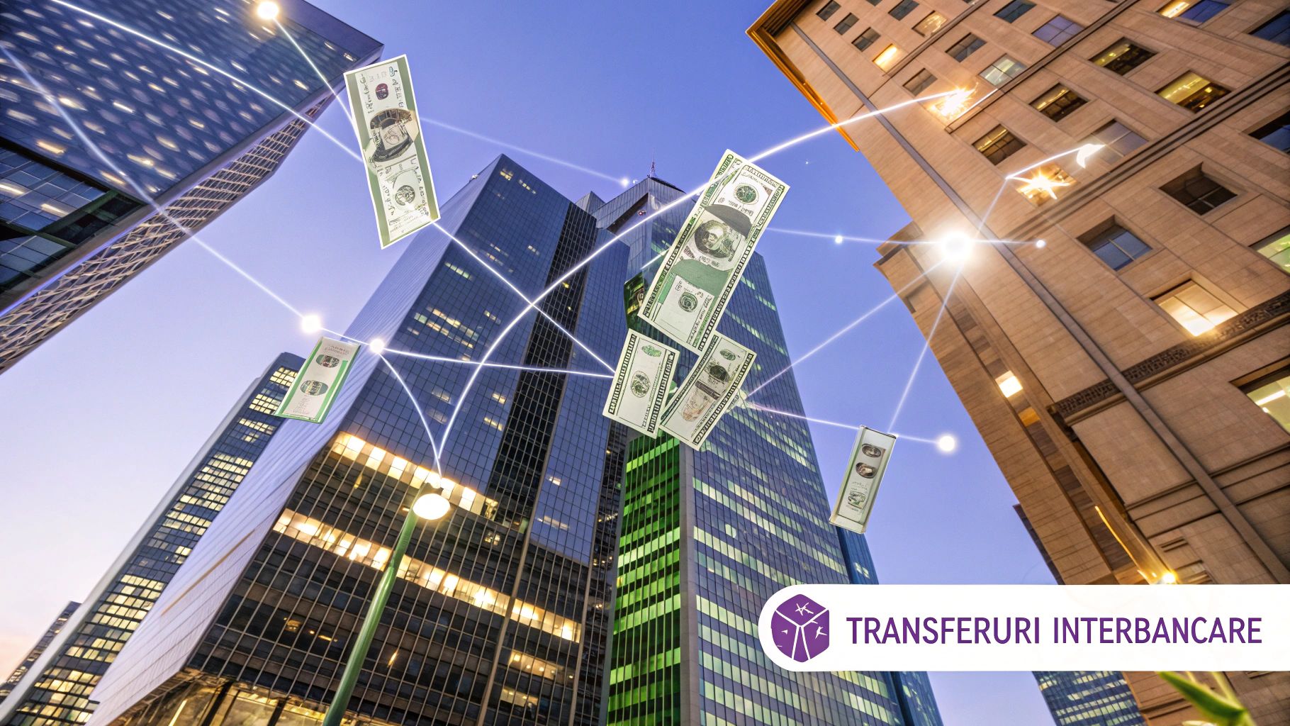 O rețea de linii interconectate care leagă diferite pictograme de bănci, ilustrând conceptul de transferuri interbancare