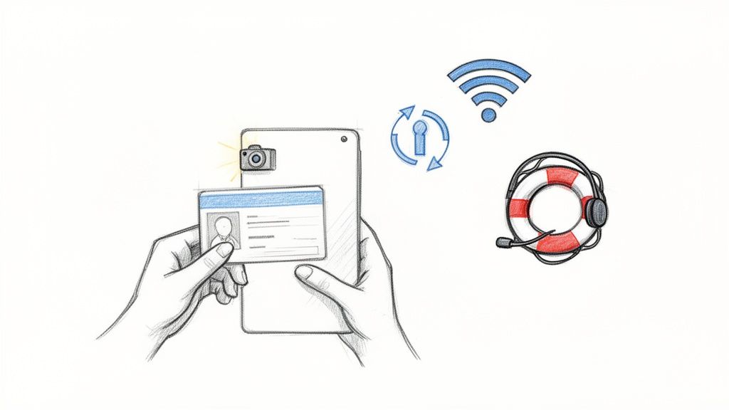 Mână ținând un act de identitate lângă un smartphone, cu simboluri Wi-Fi, securitate și asistență clienți.