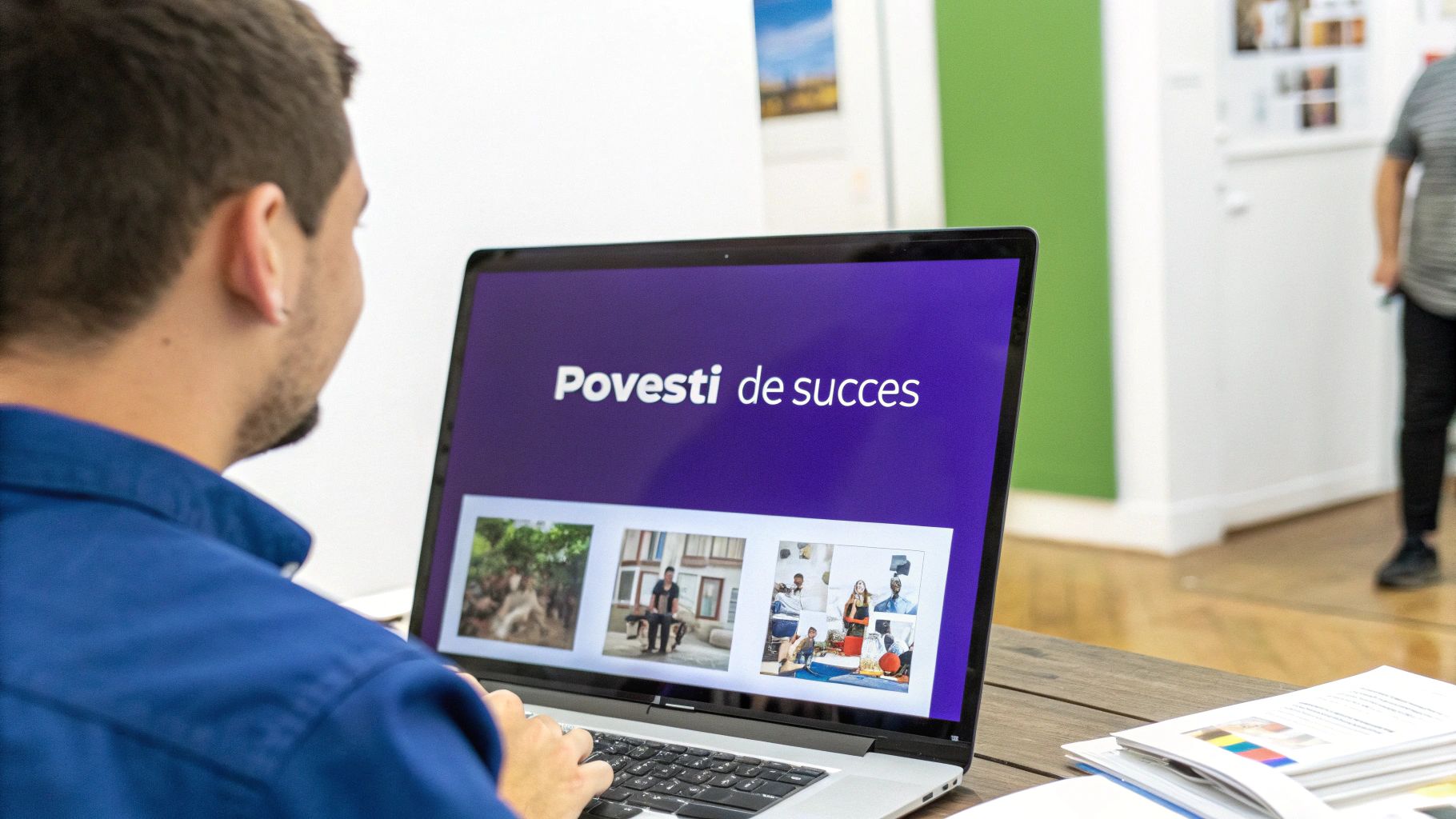 Un grup de freelanceri și creatori români discutând idei și colaborând.