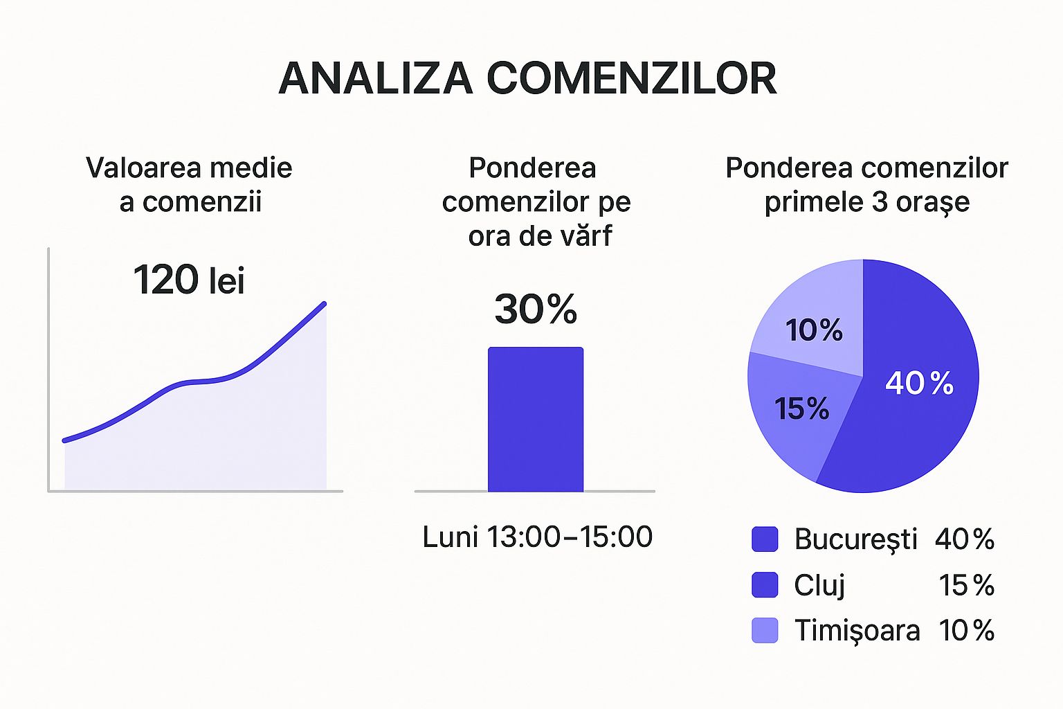 Infografic cu date cheie despre piața de e commerce din România, incluzând valoarea medie a comenzii, ora de vârf și topul orașelor