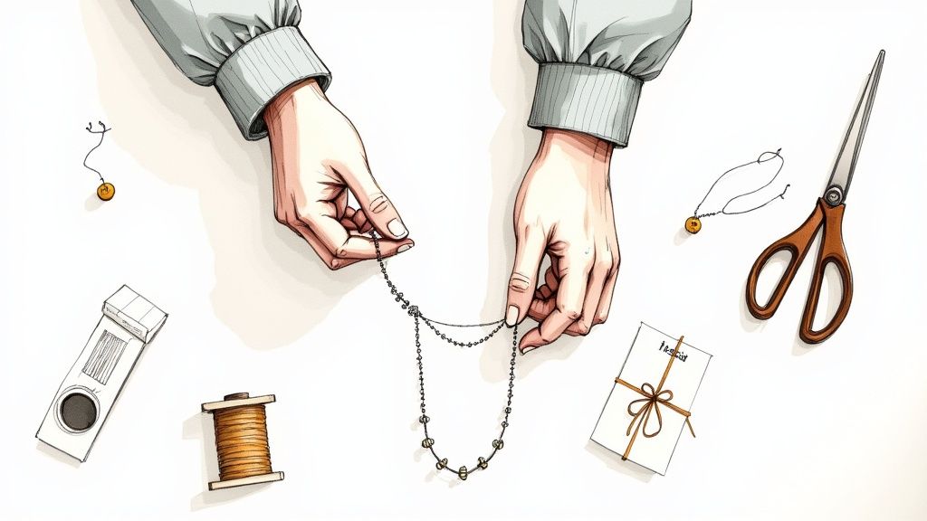Mâini care țin un colier, înconjurate de foarfece, ață și alte instrumente de lucru manual.