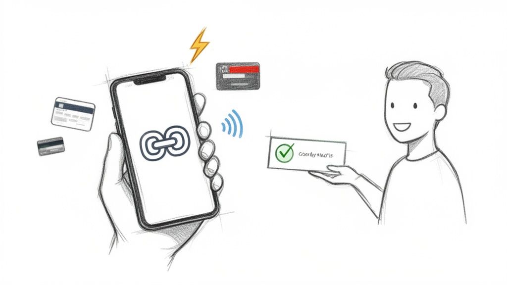 O mână ține un smartphone cu simbol de link, semnal wireless, carduri bancare și confirmare tranzacție.