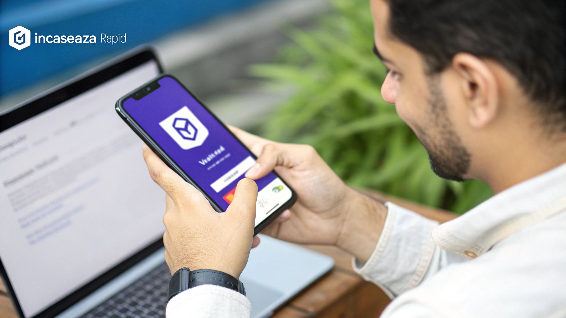 Un freelancer zâmbind, în timp ce folosește un laptop pentru a trimite un link de plată