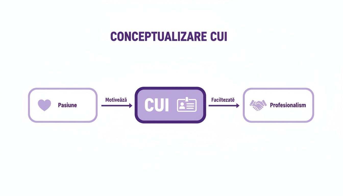 Diagramă conceptuală CUI, ilustrând relația dintre pasiune, CUI și profesionalism printr-un flux.