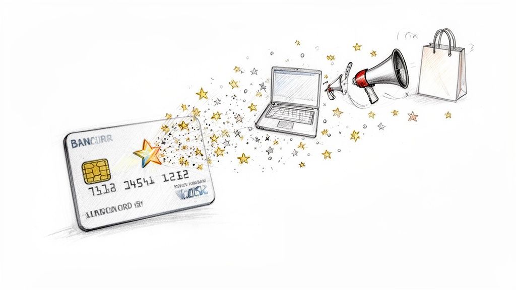 Card bancar cu stele aurii ce zboară spre un laptop, un megafon și o pungă de cumpărături, simbolizând beneficii.