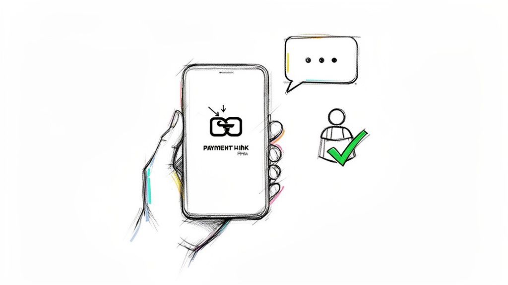 Mână care ține un smartphone afișând un link de plată, cu bulă de chat și iconiță de utilizator confirmat.