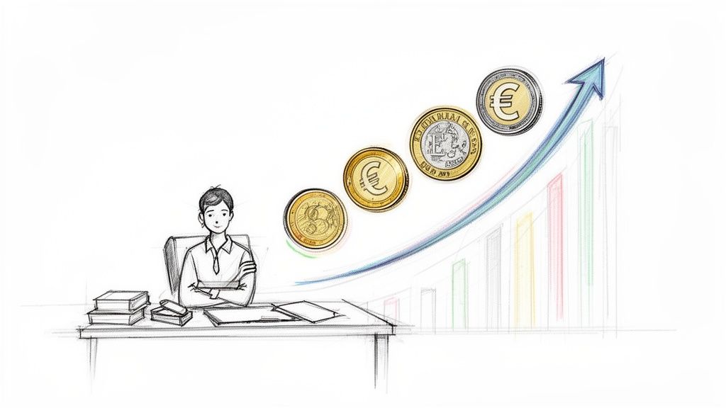 Un bărbat la birou, monede euro și o săgeată în sus simbolizând creșterea financiară.