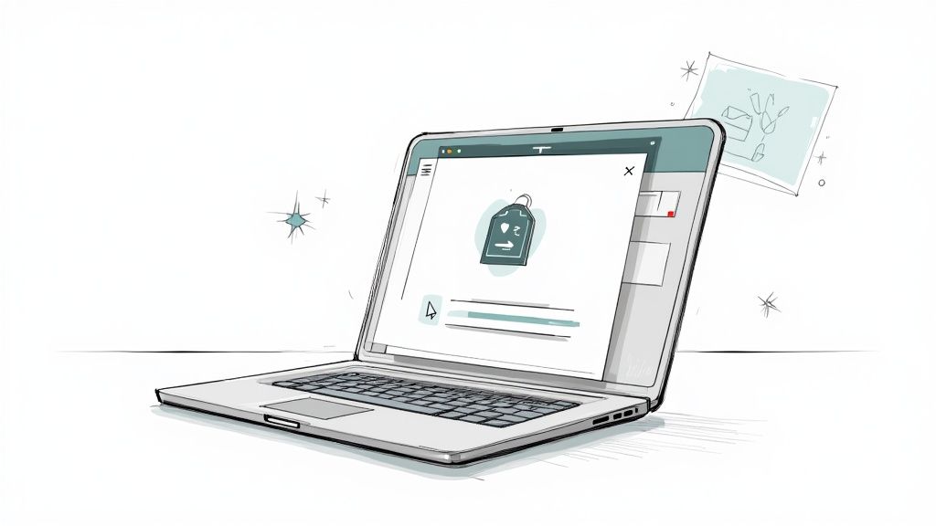 Laptop afișând interfață digitală cu ilustrație etichetă de preț și elemente grafice decorative