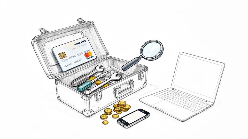 O trusă de unelte deschisă, cu card bancar, unelte, monede, telefon și laptop, simbolizând instrumente financiare.