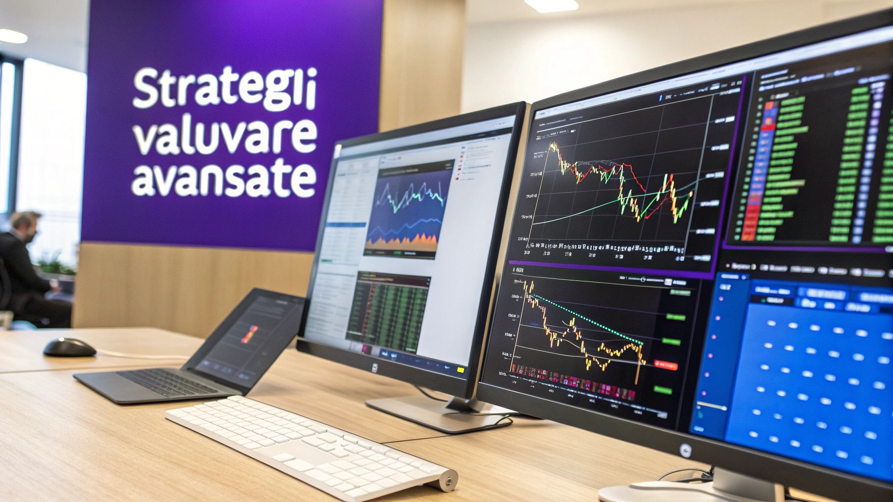 O persoană analizează grafice financiare pe un laptop, simbolizând strategii avansate de schimb valutar