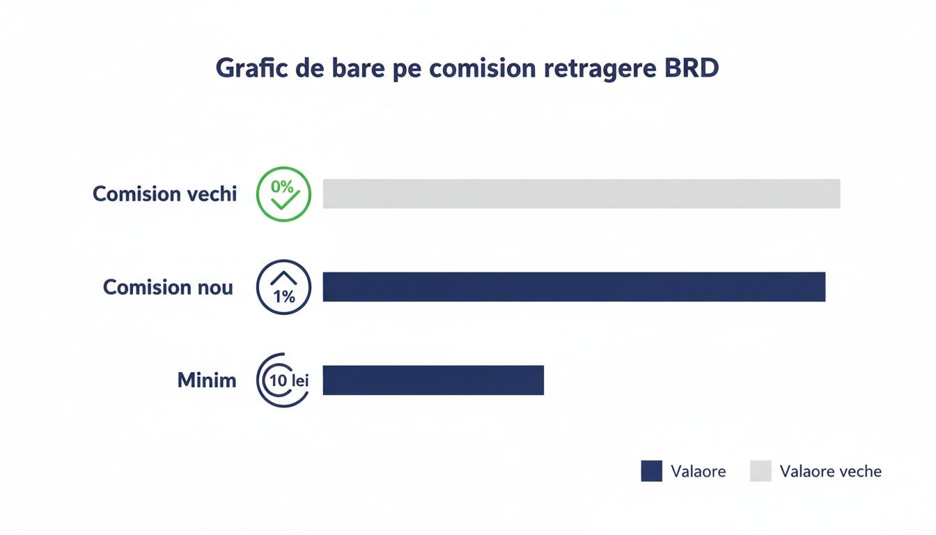 Grafic de bare comparând comisionul vechi (0%), comisionul nou (1%) și minimul (10 lei) pentru retragerile BRD.