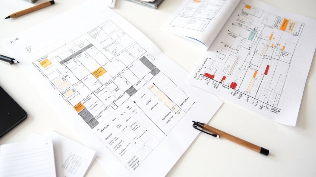 Documente cu grafice și diagrame, pixuri și un telefon pe o masă albă, sugerând planificare sau analiză.