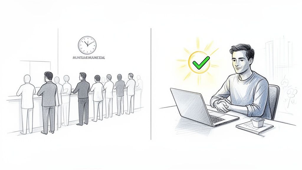 Imagine contrastantă: așteptare la coadă într-un birou versus eficiență și succes prin plata impozitelor online.