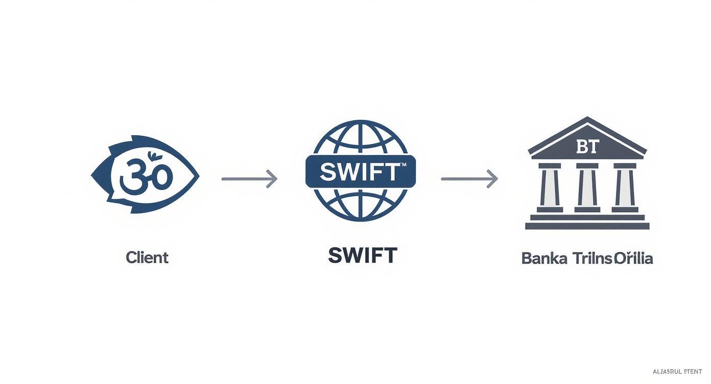 Diagramă ce ilustrează fluxul unei tranzacții de la client, prin SWIFT, către Banca Transilvania.