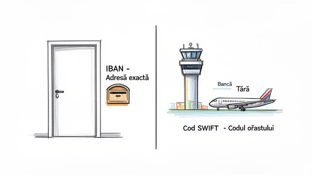 Ilustrație explicând diferența dintre IBAN (adresă exactă, poștală) și Cod SWIFT (codul orașului, bancă, țară, aeroport).