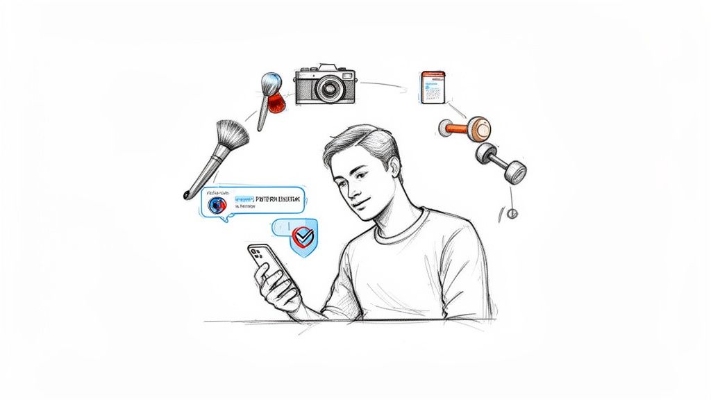 Un bărbat verifică telefonul mobil, înconjurat de icoane reprezentând activități zilnice și servicii online.