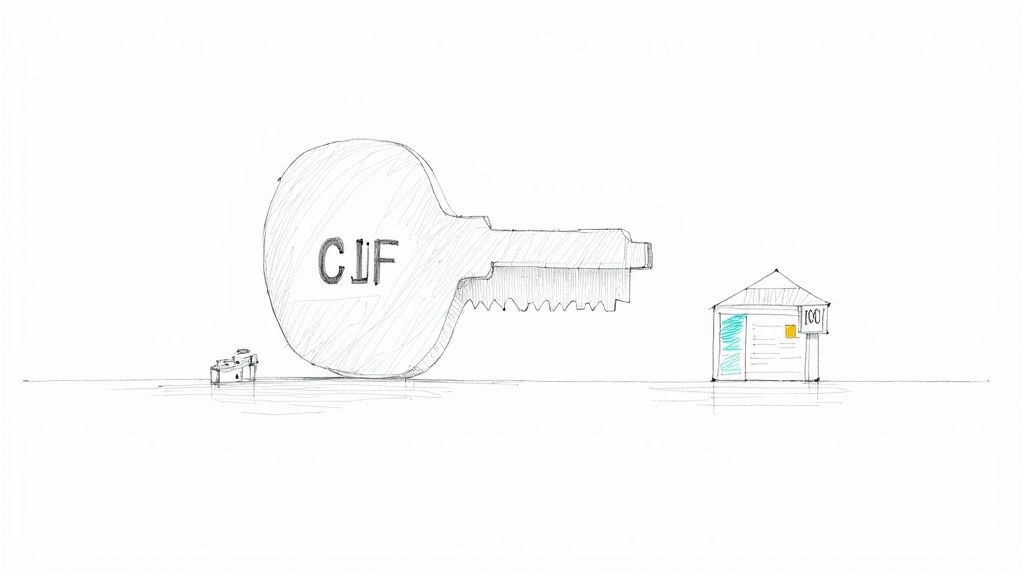 O cheie supradimensionată marcată cu CIF, alături de o structură mică cu numărul 100, pe un fundal alb.