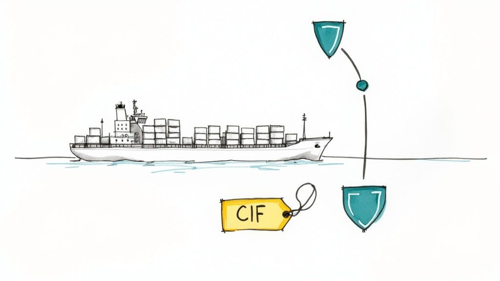 Imagine care ilustrează un vas de marfă cu containere, alături de simboluri de protecție și eticheta CIF.
