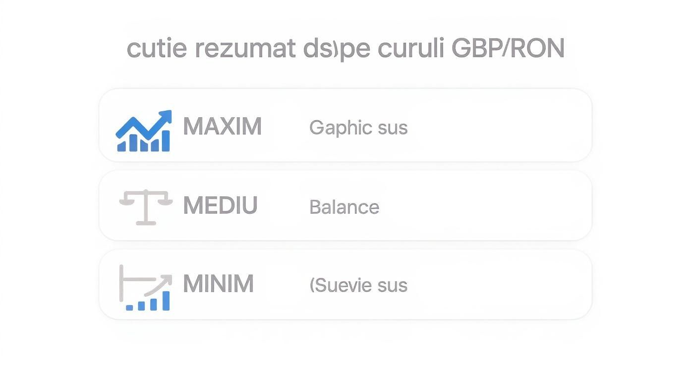 Cutie de rezumat cu opțiuni pentru valori maxime, medii și minime ale cursului GBP/RON.