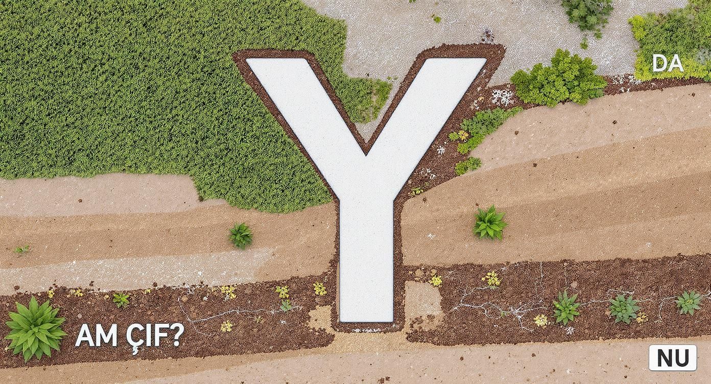 O literă mare 'Y' albă înconjurată de verdeață luxuriantă, pământ maro și cărări nisipoase, cu texte 'DA', 'AM ÇIF?' și 'NU'.