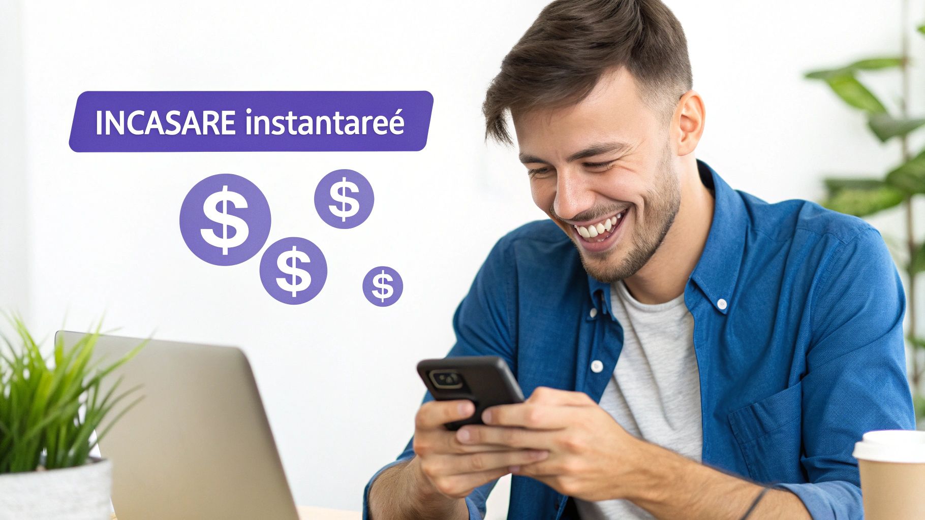 O persoană verifică cu satisfacție notificările de plată pe telefonul său.