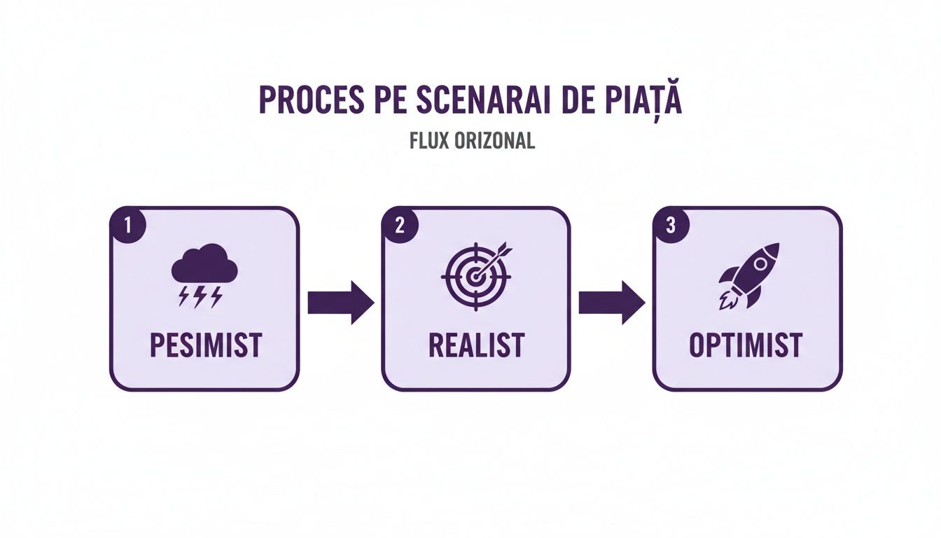 Diagramă orizontală care prezintă procesul pe scenarii de piață: pesimist, realist și optimist, cu simboluri.