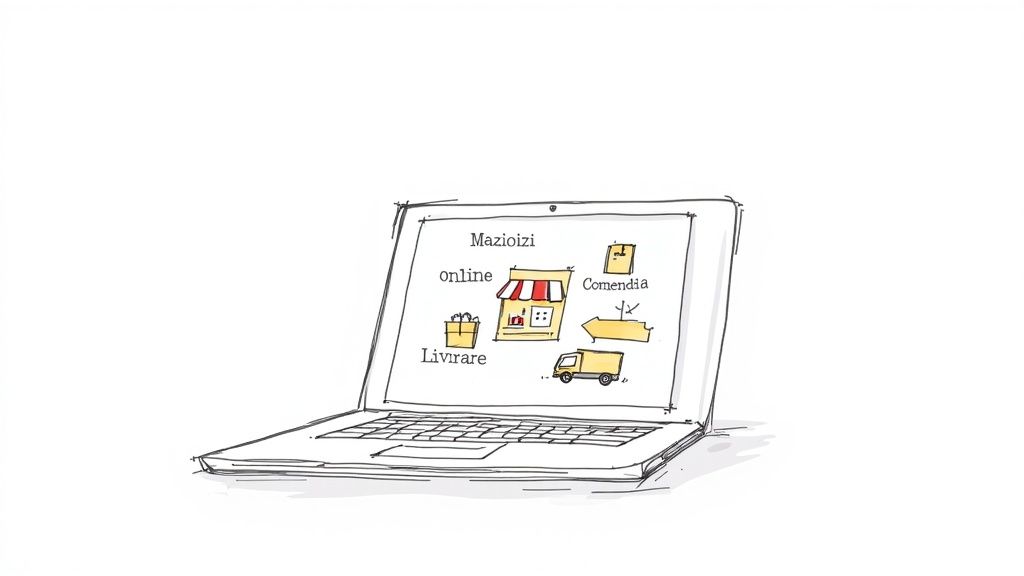 Ilustrație digitală pe un laptop care prezintă o afacere online cu un magazin, comenzi și livrare.