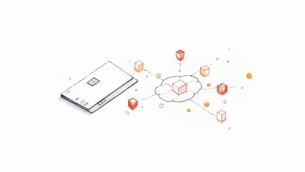 Ilustrație cu card bancar conectat la cloud și cuburi reprezentând securitatea datelor digitale