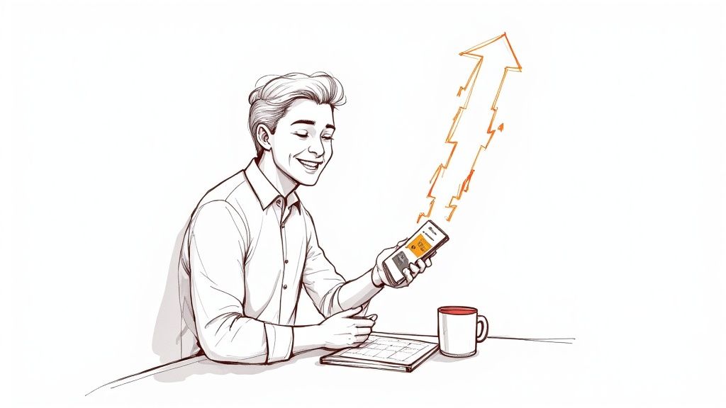 O persoană plătind factura Telekom online de pe laptop, cu o ceașcă de cafea alături, într-un mediu de lucru relaxat și modern.