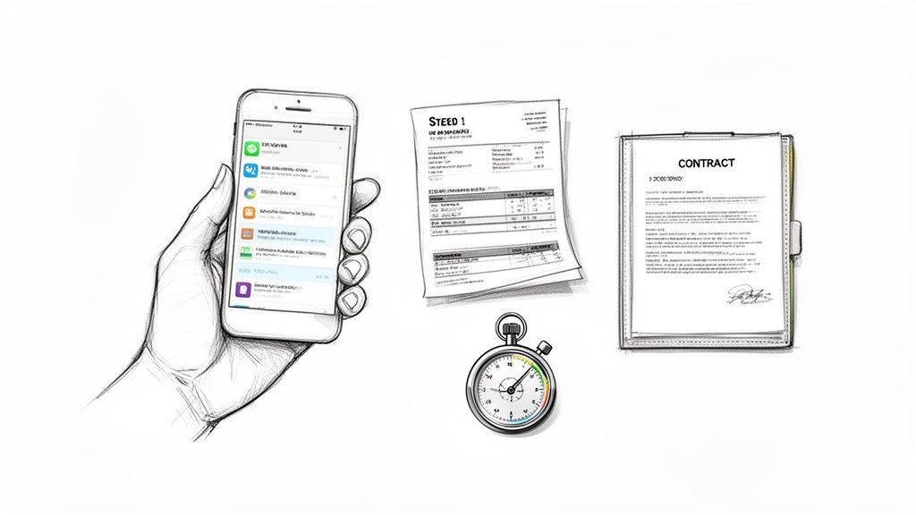 Mână ținând un smartphone afișând aplicații, alături de documente financiare, un contract și un cronometru, simbolizând eficiența digitală.