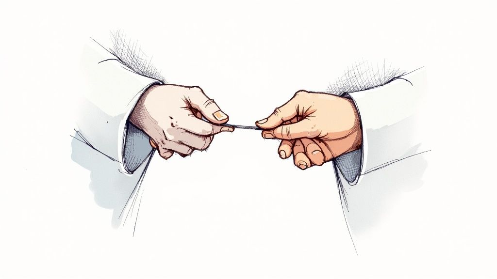 Două mâini, îmbrăcate în mâneci albe, trag de un fir subțire, ilustrând colaborare.