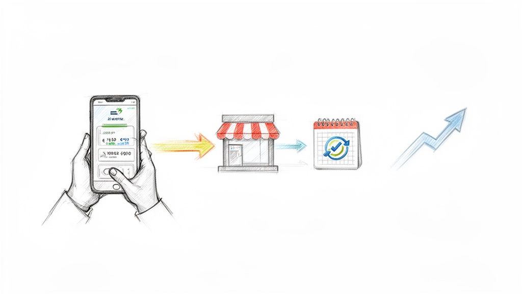 Mani ținând un smartphone cu o aplicație de comerț electronic, indicând un magazin, un calendar și o creștere economică.