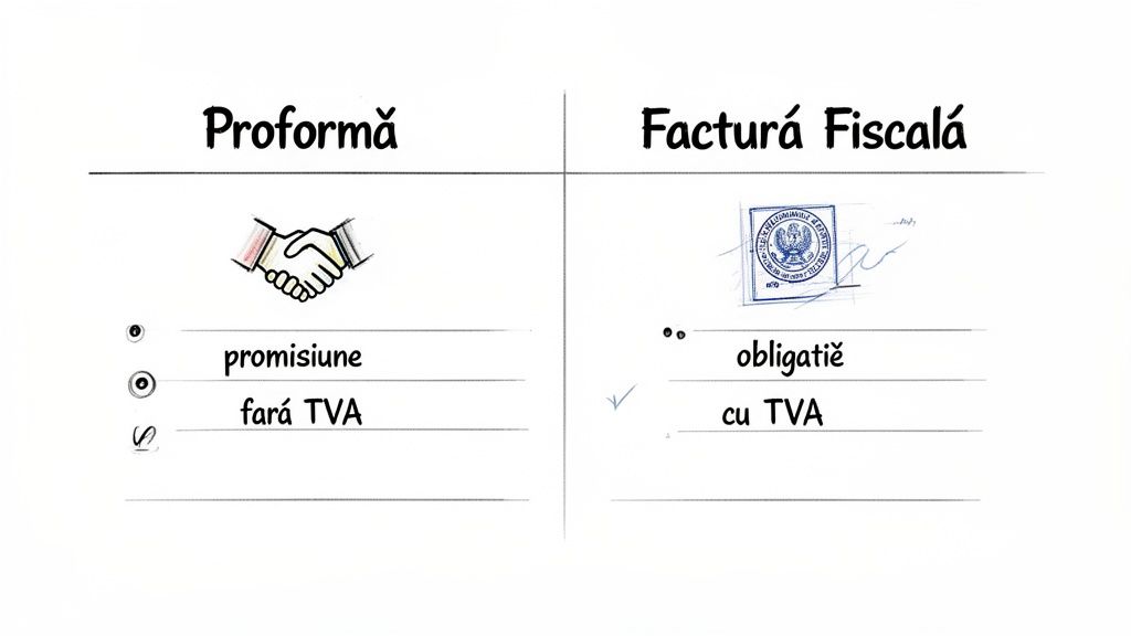 Comparație vizuală detaliată între o factură proformă și o factură fiscală, evidențiind diferențe cheie.