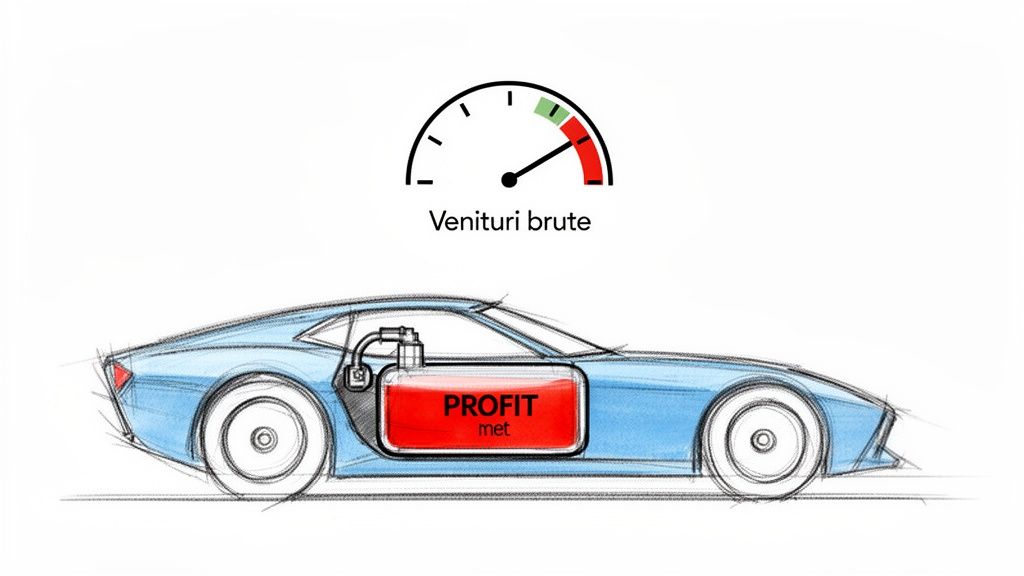 O mașină albastră cu un rezervor roșu marcat 'PROFIT met' și un indicator 'Venituri brute' în zona roșie.