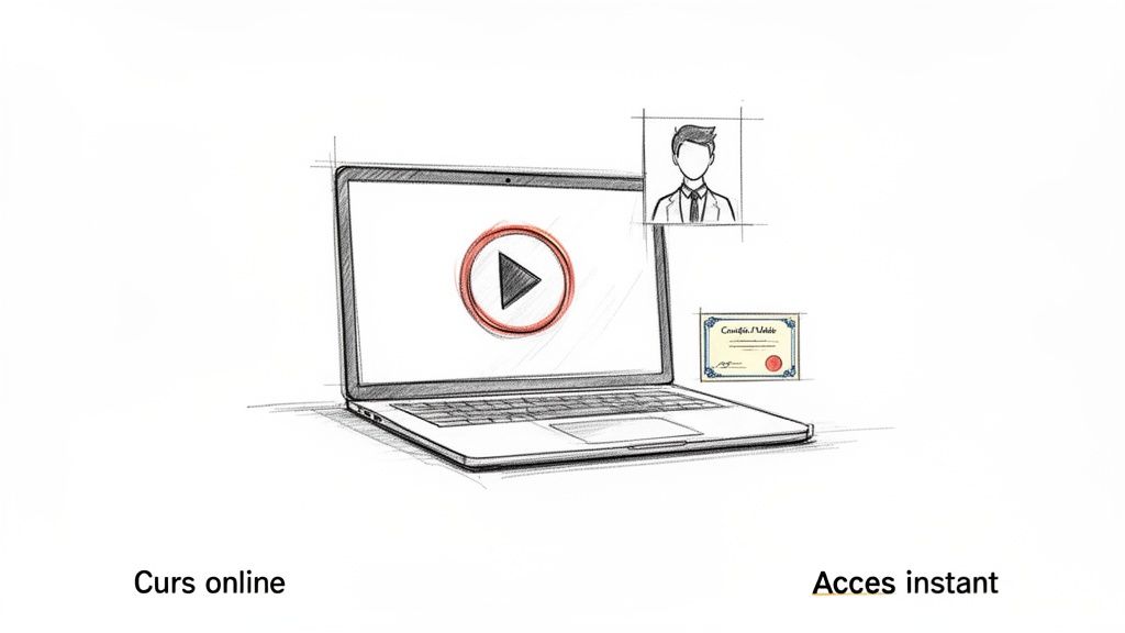 Schiță a unui laptop cu un buton de redare, un instructor, o diplomă și textul "Curs online" și "Acces instant".