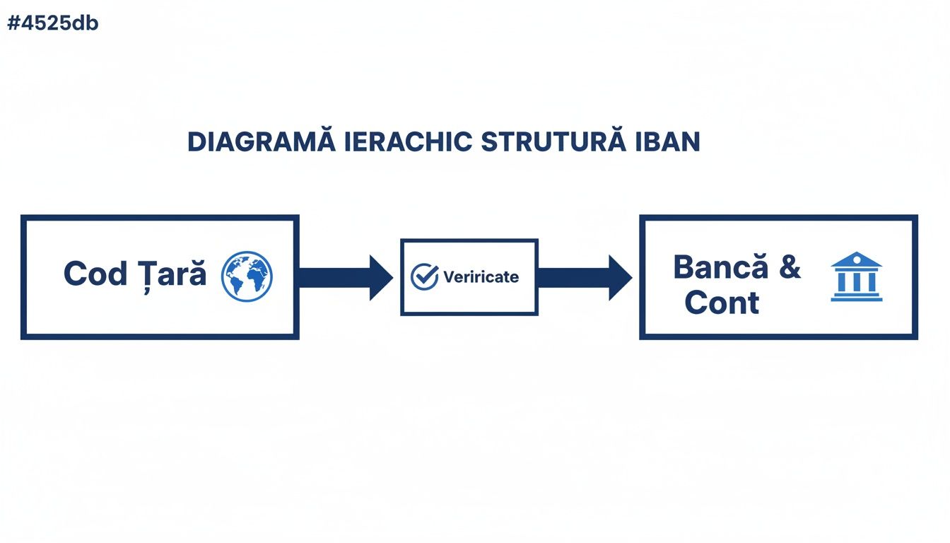 Diagramă care ilustrează structura ierarhică a unui IBAN, incluzând codul de țară, verificare și detalii bancare.