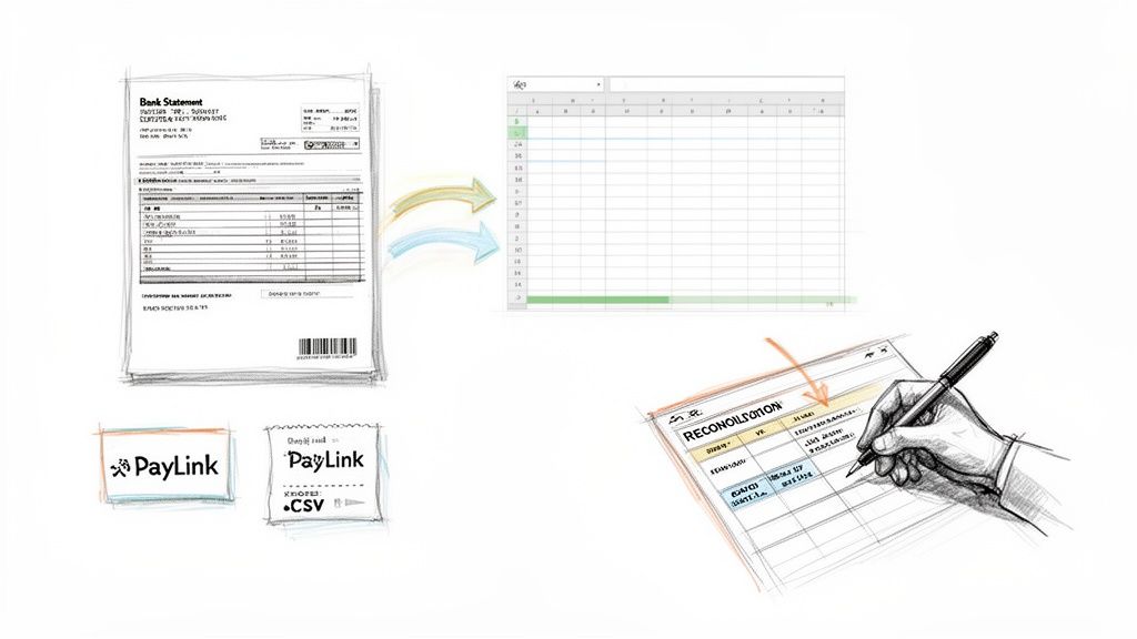 Schiță ce ilustrează conversia unui extras de cont în format digital (CSV) pentru reconciliere în Excel, folosind PayLink.