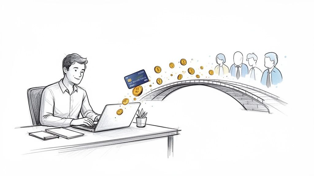 Bărbat transferă bani online cu un card bancar, conectând utilizatori printr-un pod digital.