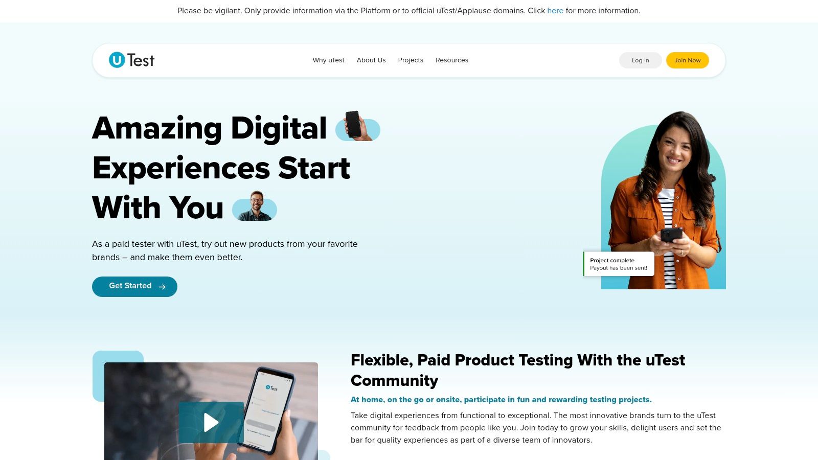 Panoul de proiecte de testare software de pe uTest