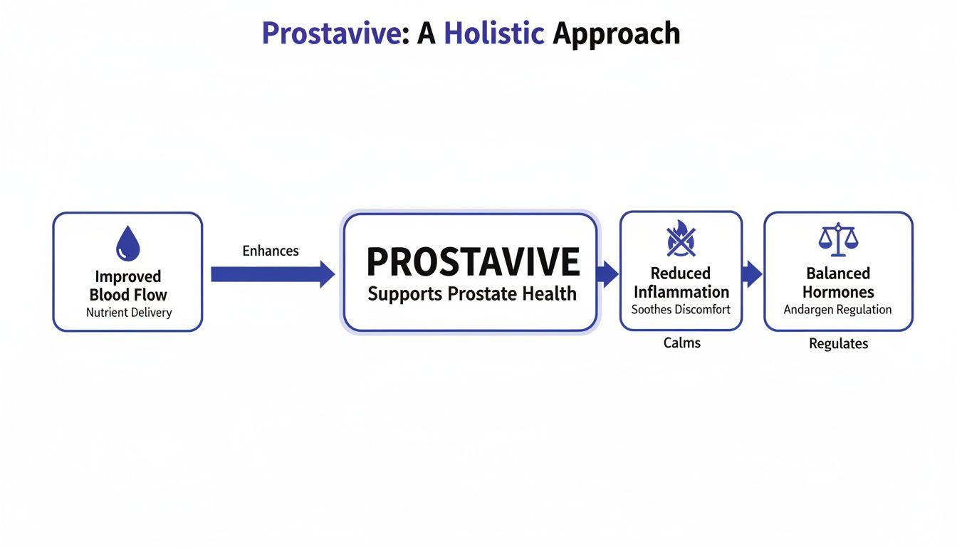 Flowchart depicting Prostavive's holistic approach: improved blood flow, reduced inflammation, and balanced hormones for prostate health.